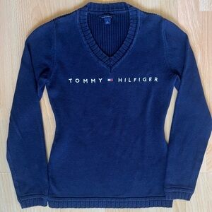 Vintage Y2K Tommy Hilfiger Women’s V-Neck Navy Sweater 100% Cotton